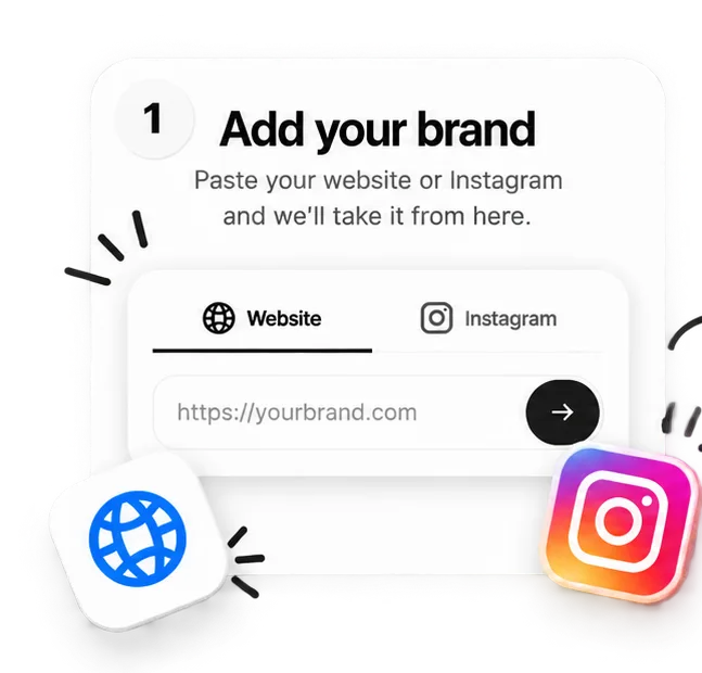 Step 1, add your brand: paste your website or Instagram and we’ll take it from here. A form with Website and Instagram tabs and a box reading https://yourbrand.com.