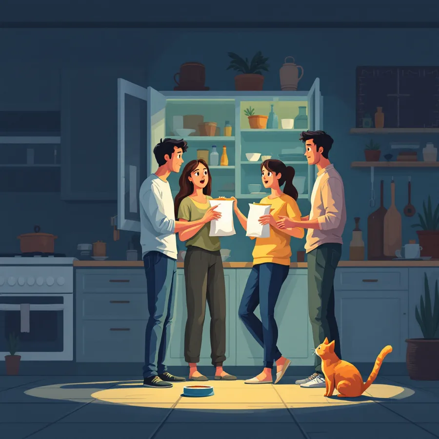 Illustrated kitchen scene: a family discovering the cat food pantry is empty