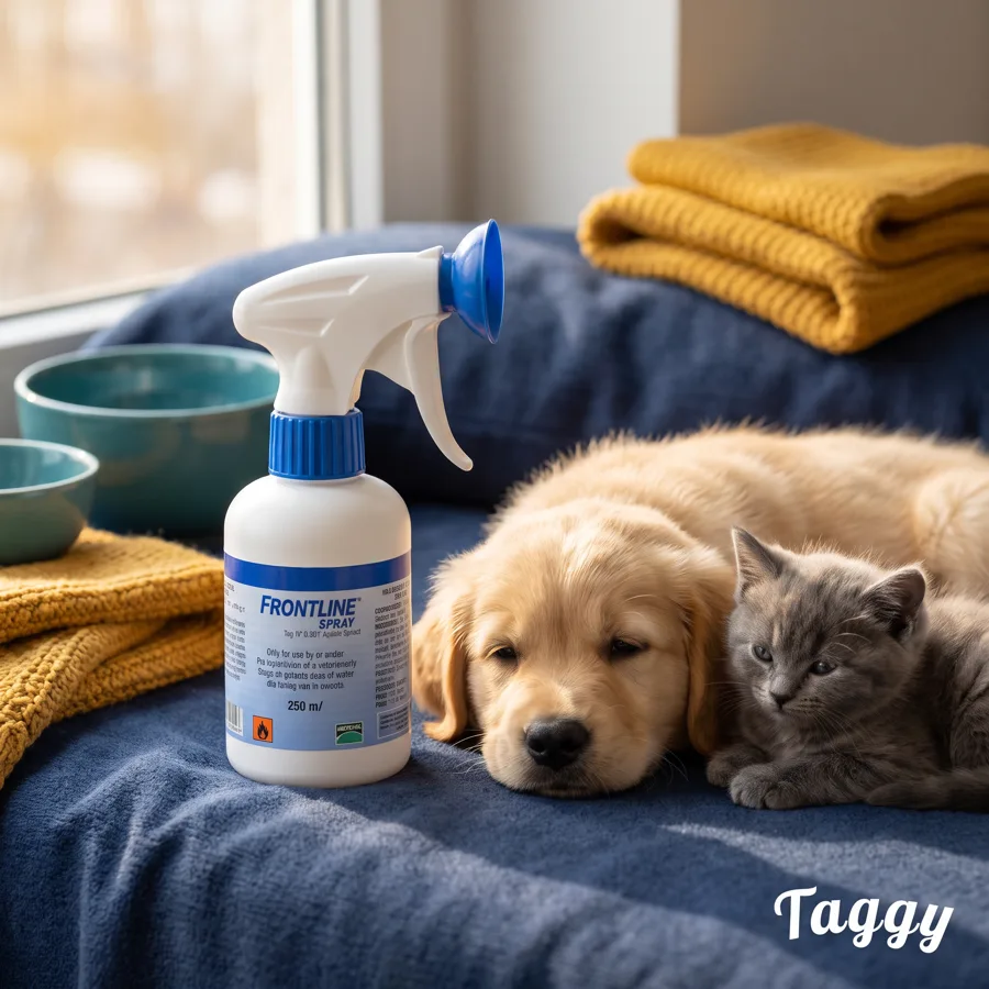 A Frontline spray bottle on a sofa with a sleeping puppy and kitten, Taggy logo in the corner