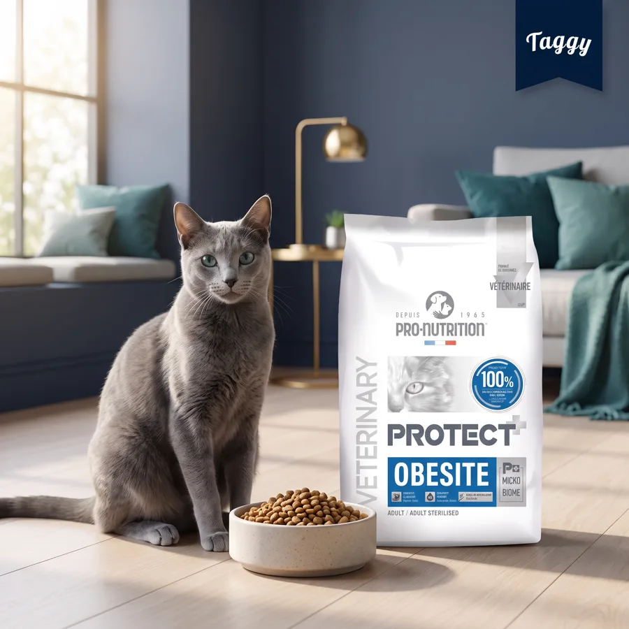 A grey cat beside a bag of Protect Obesity veterinary cat food