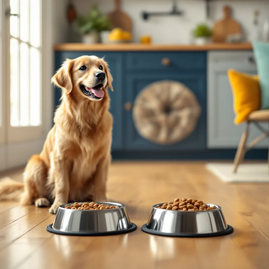 A golden retriever sitting between two empty food bowls in a kitchen