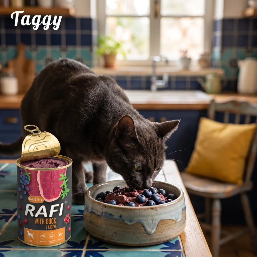 A black cat eating from a bowl beside a Rafi duck & blueberry can, Taggy logo in the corner