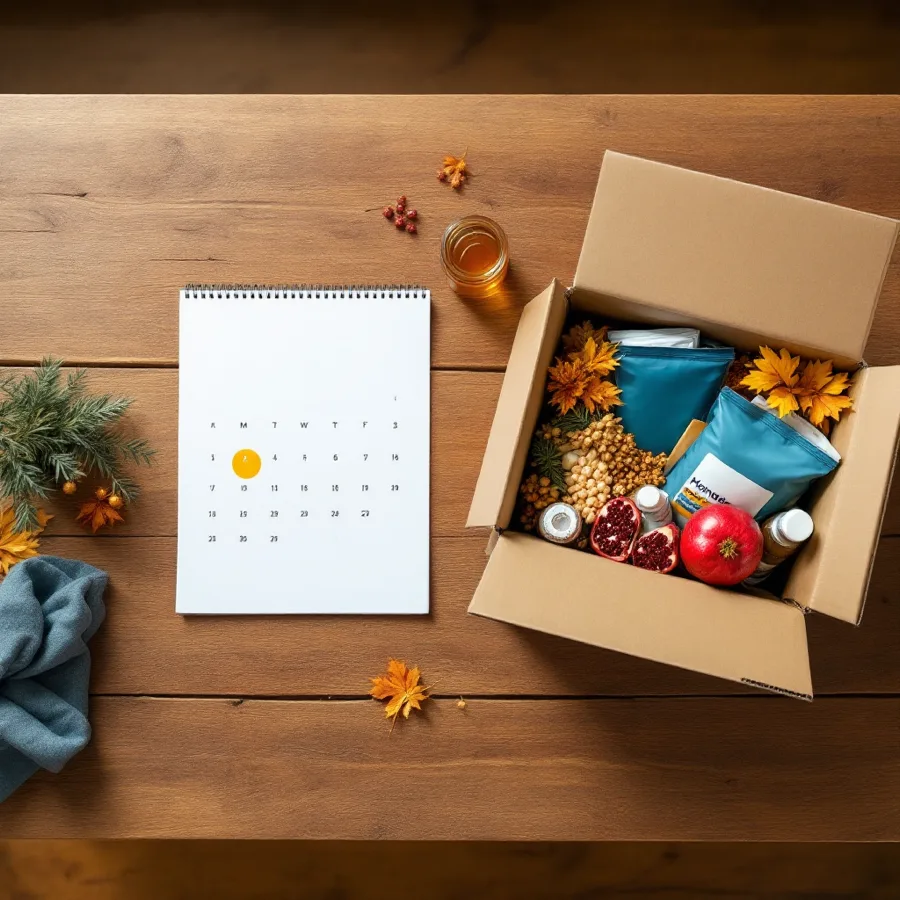 A delivery box with pet supplies, a calendar and autumn leaves on a wooden table