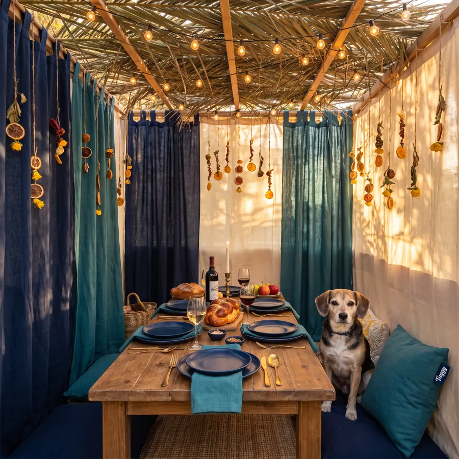 A dog sitting at a set holiday table inside a decorated sukkah